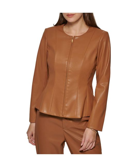 DKNY Brown Faux Leather Light Weight Soft Shell Jacket