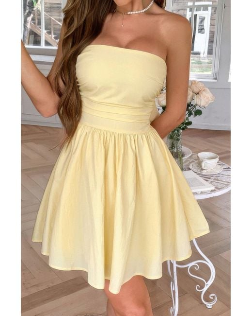 TRUEDAMES Natural Solid Off Shoulder Tube Elastic Waist Dress