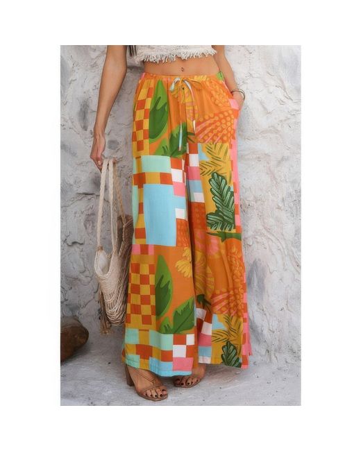 TRUEDAMES Orange Allover Print Drawstring Pockets Wide Leg Pants