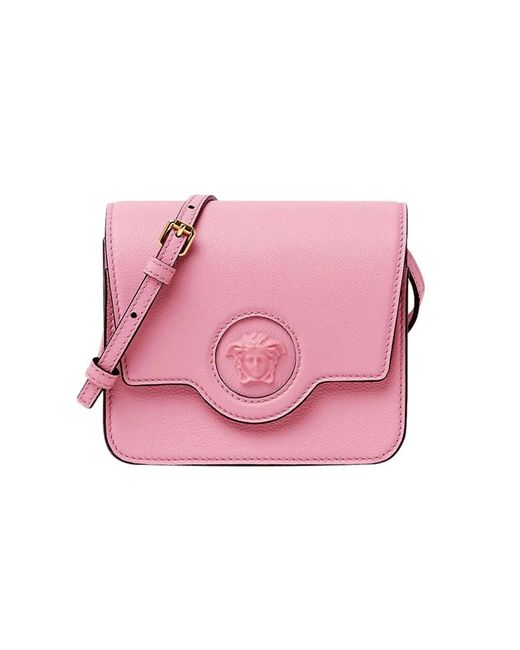 Versace Pink La Medusa Logo Plaque Pebbled Leather Crossbody Bag