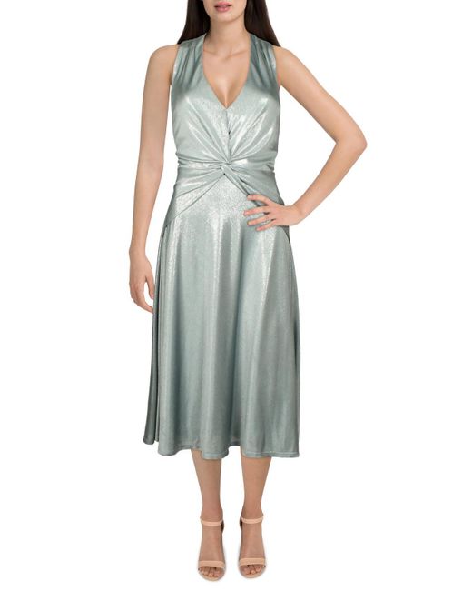 Lauren by Ralph Lauren Green Foil-print Mid-calf Cocktail And Party Dress