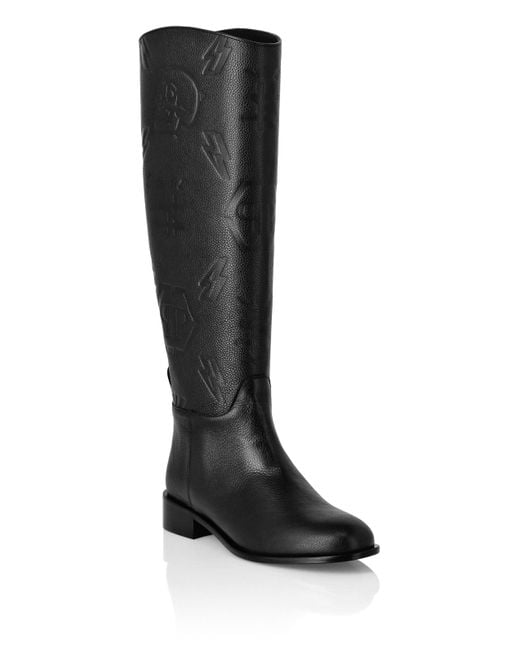 Philipp Plein Women's Black Leather Lo-Heels Mid Boots Monogram