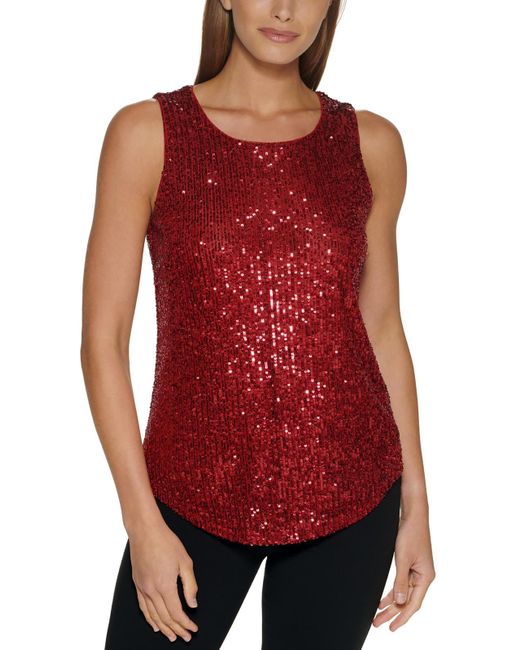 DKNY Red Sequined Stretch Tank Top