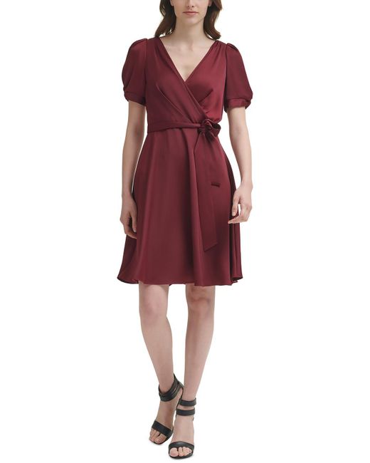 DKNY Red Satin Knee Fit & Flare Dress