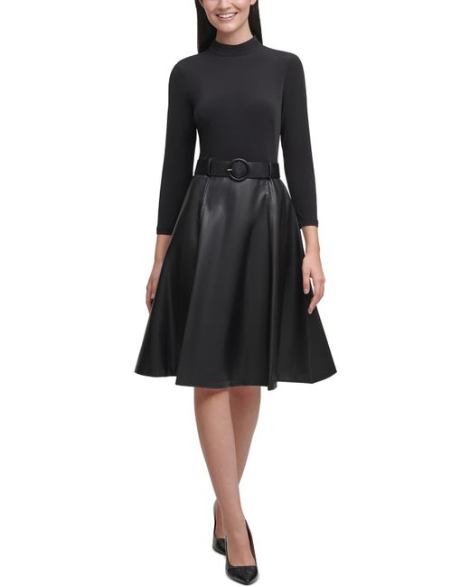 Calvin Klein Black Faux Leather Mock-neck Fit & Flare Dress