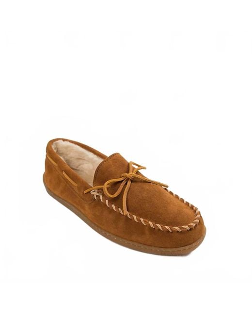 Minnetonka Men's Brown Pile Lined Hardsole Moccasin Shoes