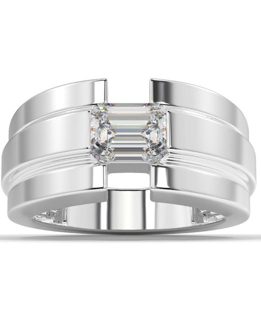 Pompeii3 Metallic 2 Ct Emerald Cut Moissanite Solitaire 12mm Ring White Yellow Or Rose Gold