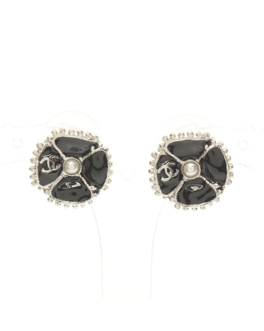 Chanel Metallic Coco Mark Camellia Earrings Fake Pearl Silver F23k