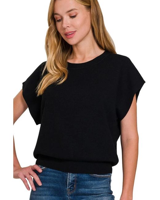TRUEDAMES Black Round Neck Short Dolman Sleeve Sweater