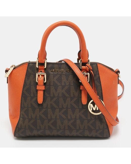 Michael Kors Red /brown Signature Coated Canvas And Leather Medium Ciara Satchel