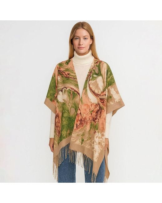 TRUEDAMES Green Fringe Trip Mixe Abstract Swirl Print Kimono Wrap Poncho