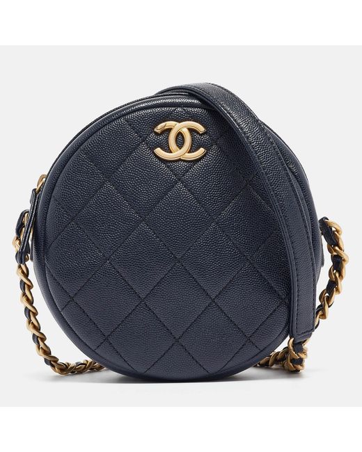 Chanel Blue Navy Quilted Caviar Leather Round Camera Crossbody Bag