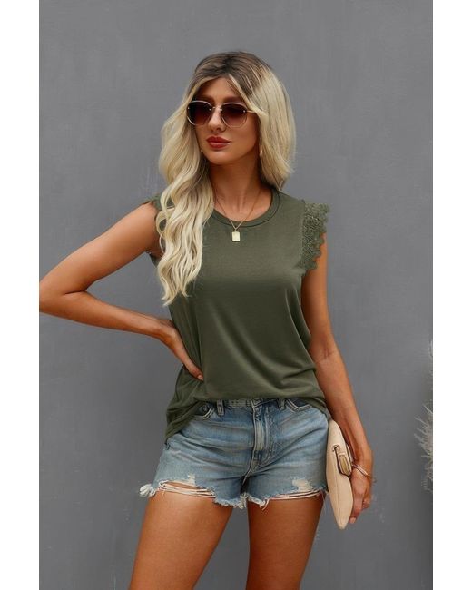 TRUEDAMES Green Round Neck Hollow Shoulder Solid Fit Top
