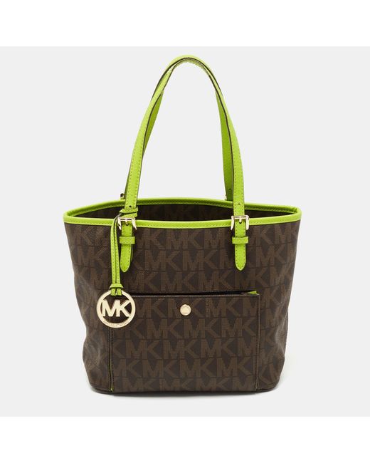 Michael Kors /green Signature Coated Canvas And Leather Medium Snap Pocket Tote