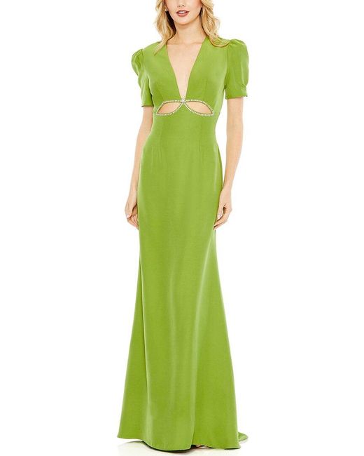 Mac Duggal Green Plunge Neck Puff Sleeve Cut Out Gown