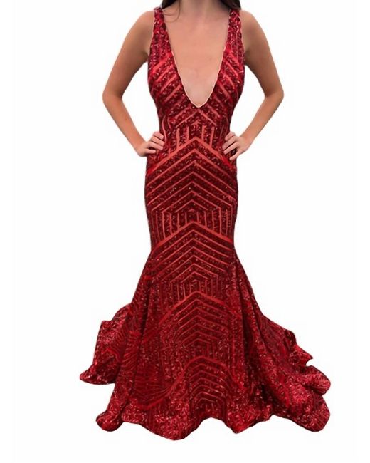 Jovani Red Sequin Embellished V-Neck Dress