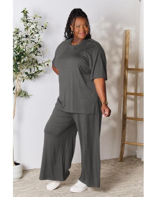TRUEDAMES Gray Full Size Round Neck Slit Top And Pants Set