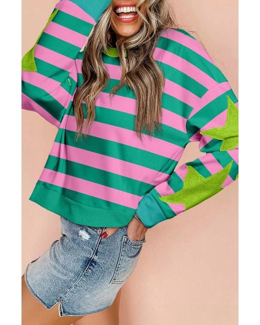 TRUEDAMES Blue Stripe Star Patchwork Round Neck Pullover Sweatshirt