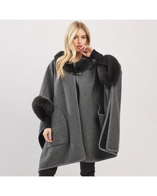 TRUEDAMES Black Faux Fur Trim Toggle Clasp Front Cape Wrap Poncho
