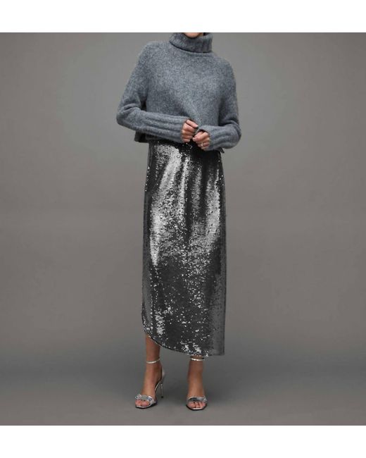 AllSaints Gray Opal Sparkle Midi City Sequin Skirt