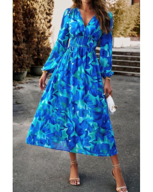 TRUEDAMES Blue Boho V Neck A Line High Waist Long Sleeve Dress