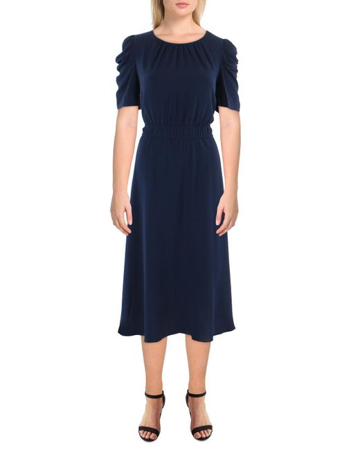 London Times Textured Puff Sleeve Midi Dress in Blue | Lyst