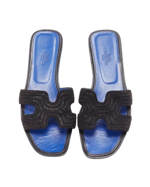 Hermès Blue Hermes Oran H Logo Iconic Black Beaded Insole Sandals Shoes