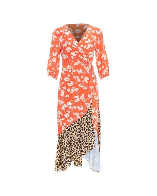 Rixo Orange Noleen Print Patchwork Wrap Dress