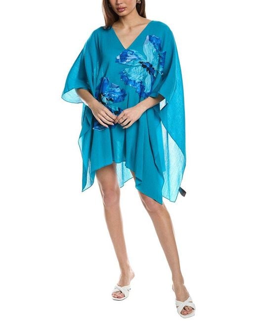 Natori Blue Gauze Caftan With Applique