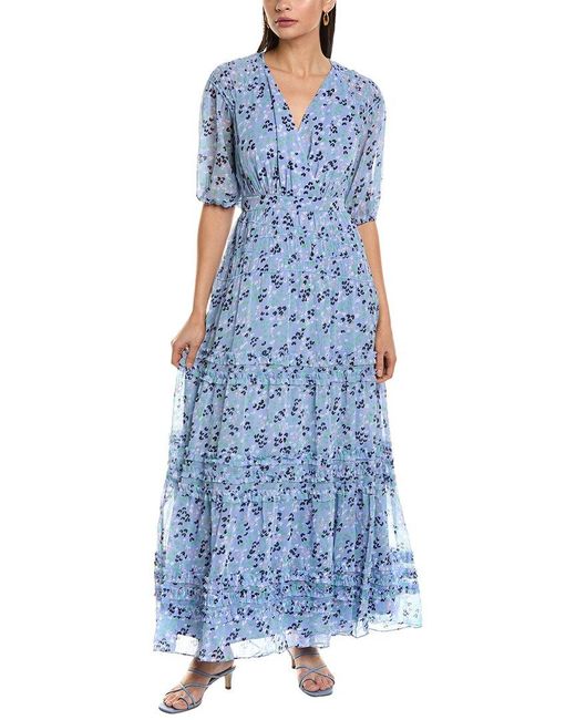 Ted Baker Blue Puff Sleeve Smocked Detail Maxi Dress