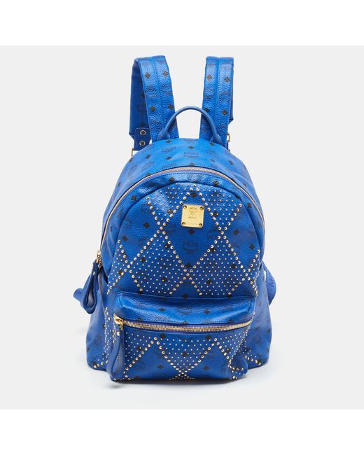 MCM Blue Visetos Leather Large Studded Stark Backpack