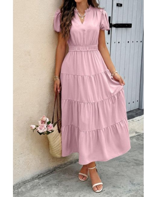 TRUEDAMES Pink Solid V Neck Color Block Elastic Waist Dress