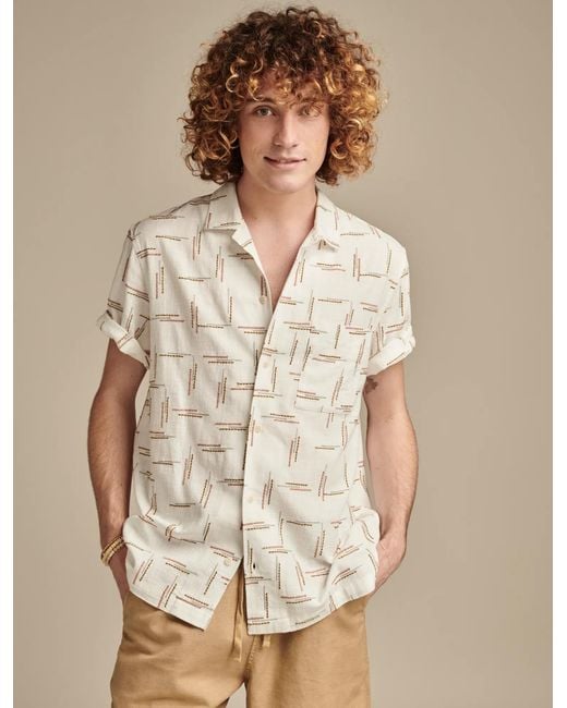 Lucky Brand Men's Natural Embroidred Dash Short Sleeve Camp Collar Shirt