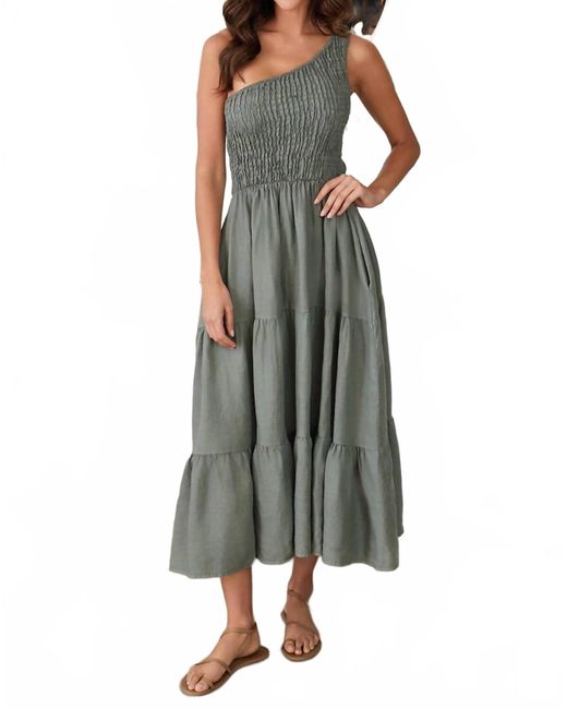 Milio Milano Green Italian Linen Shirred Tiered Maxi One Shoulder Dress
