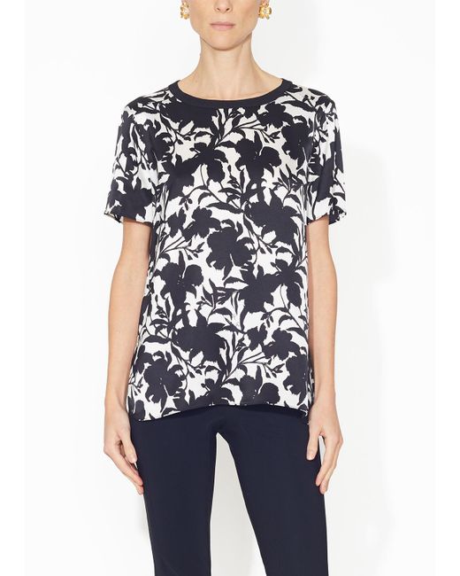 Adam Lippes Blue Crew Neck T-shirt In Printed Charmeuse