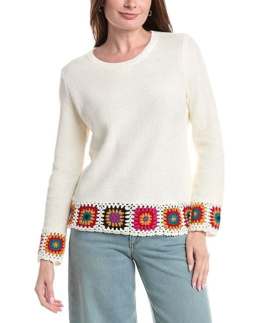 Joseph A Women's White Novelty Medallion Crochet Border Pullover