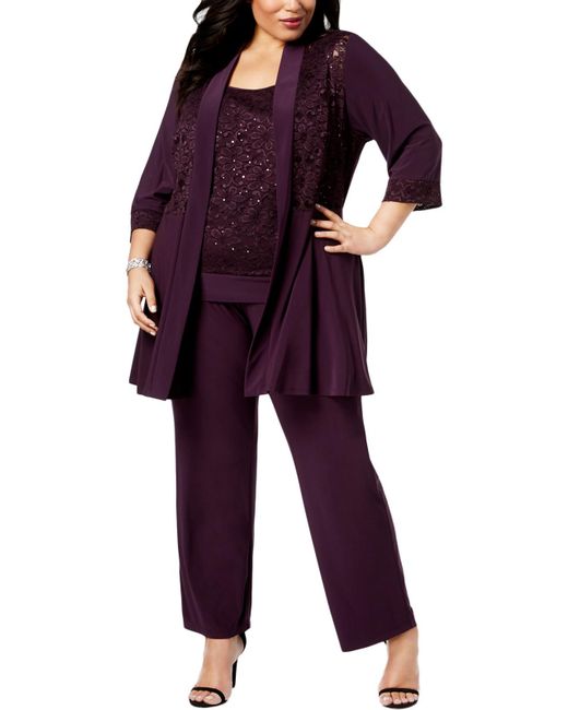 R & M Richards Purple Plus Embellished Lace Pant Suit