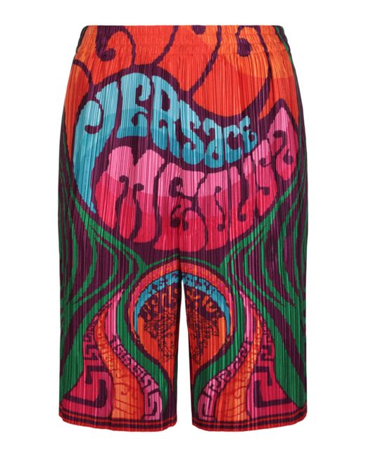 Versace Red Pleated Medusa Music Print Shorts for men