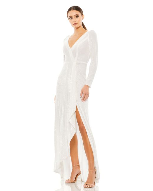 Ieena for Mac Duggal Sequined Faux Wrap Long Sleeve Gown in White | Lyst