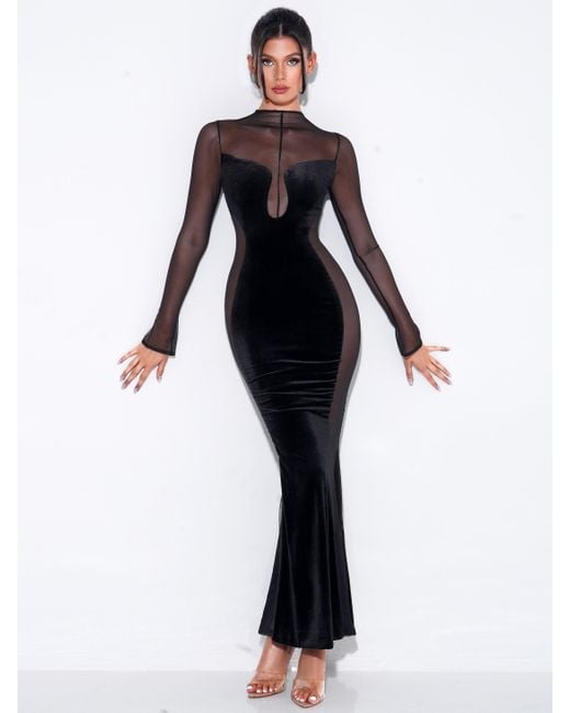 Miss Circle Black Paislee Velvet Mesh Long Sleeve Gown