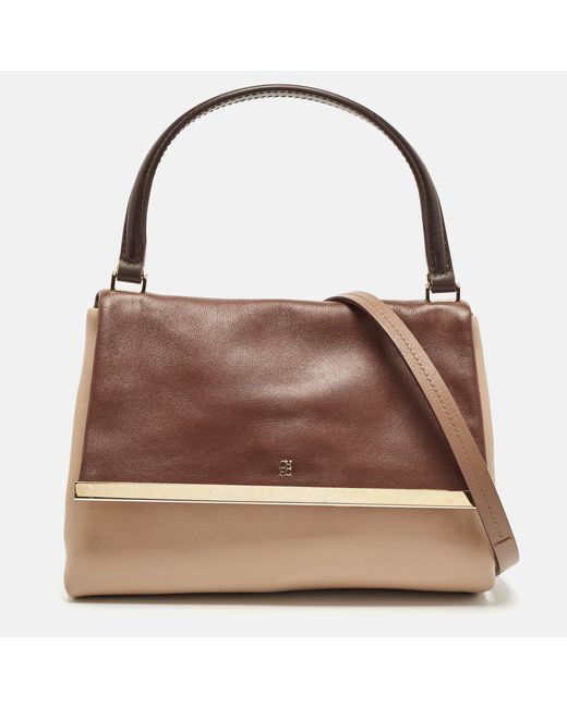 Carolina Herrera Brown /beige Leather Camelot Colorblock Top Handle Bag