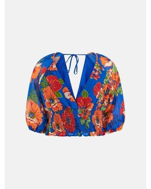 Guess Blue Ariana Top Floral Lace Smocked Waistband Cropped Fts1362