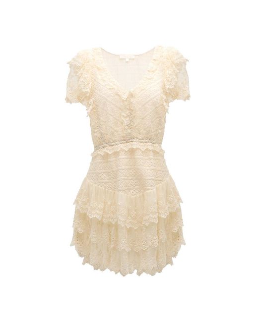 Love Moschino Natural Loveshackfancy Cerilo Tiered Ruffle Embroidered Lace Mini Dress