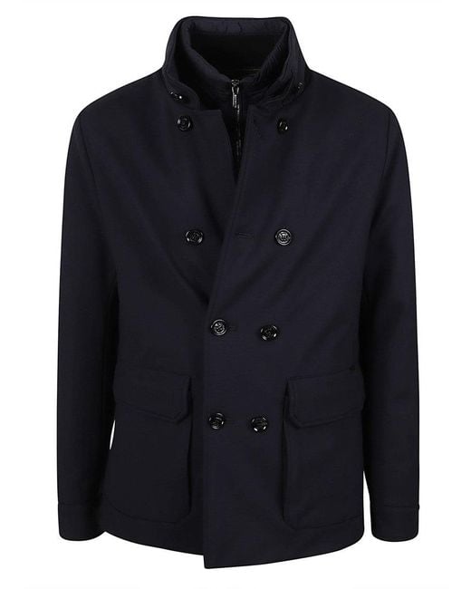 Moorer Blue Double-Breasted Peacoat With Detachable Lining for men