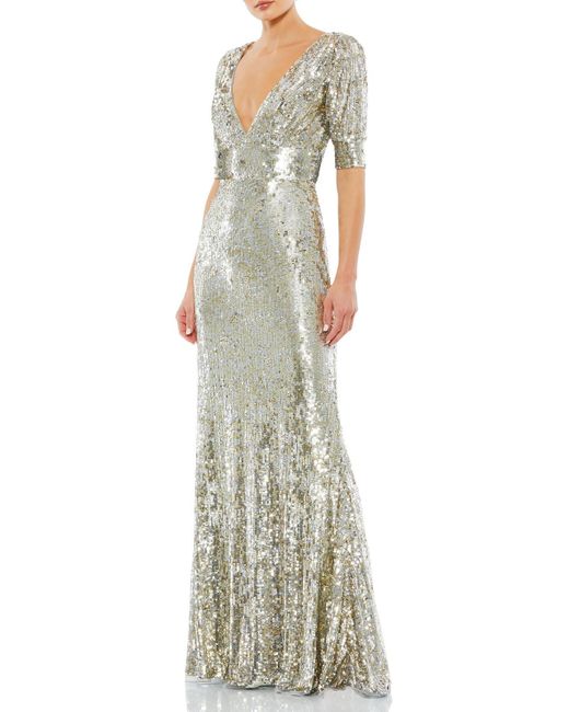 Mac Duggal White Metallic Sequin Evening Dress