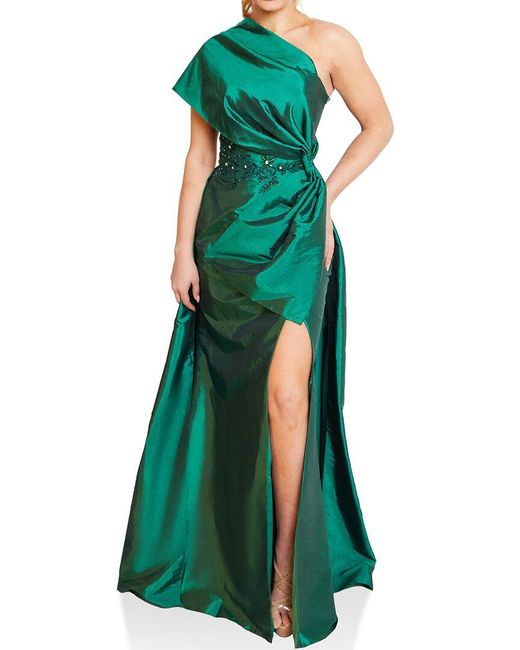 Terani Green One Shoulder Drape Bow Dress