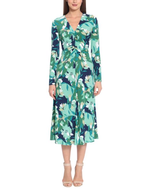 Maggy London Green Long Sleeve Floral Midi Dress