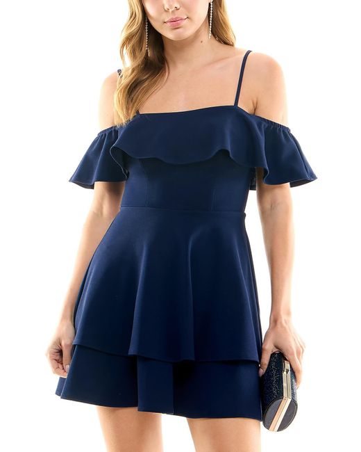 B Darlin Blue Juniors Ruffled Off-the-shoulder Cocktail And Party Dress
