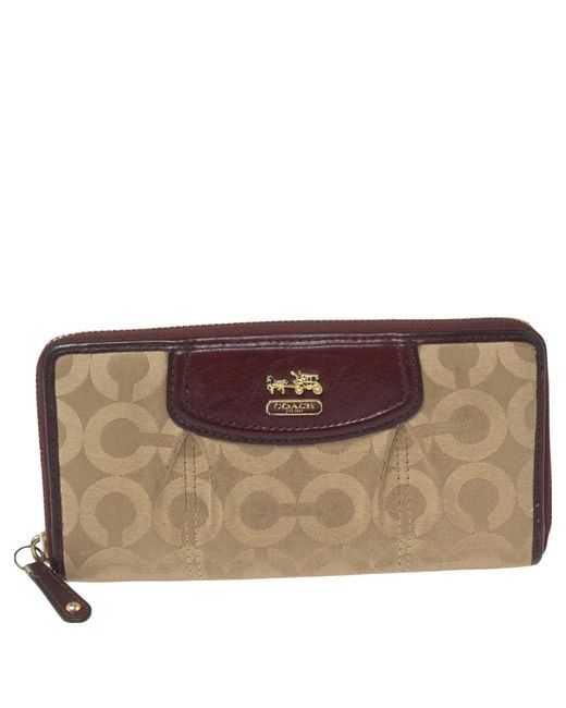 COACH Burgundy/brown Op Art Fabric And Leather Madison Continental Wallet