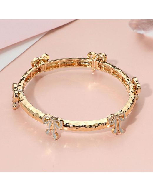 Fashnzfab Natural Enamel Bow Accent Hammered Metal Bar Beaded Stretch Bracelet, Light